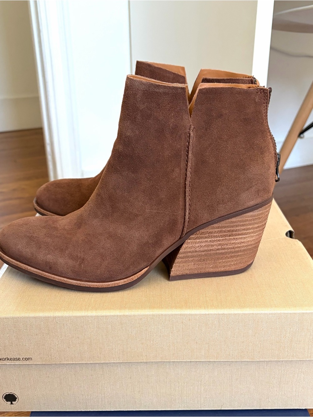 Kork-Ease Brown Suede Stacked Heel Ankle Booties